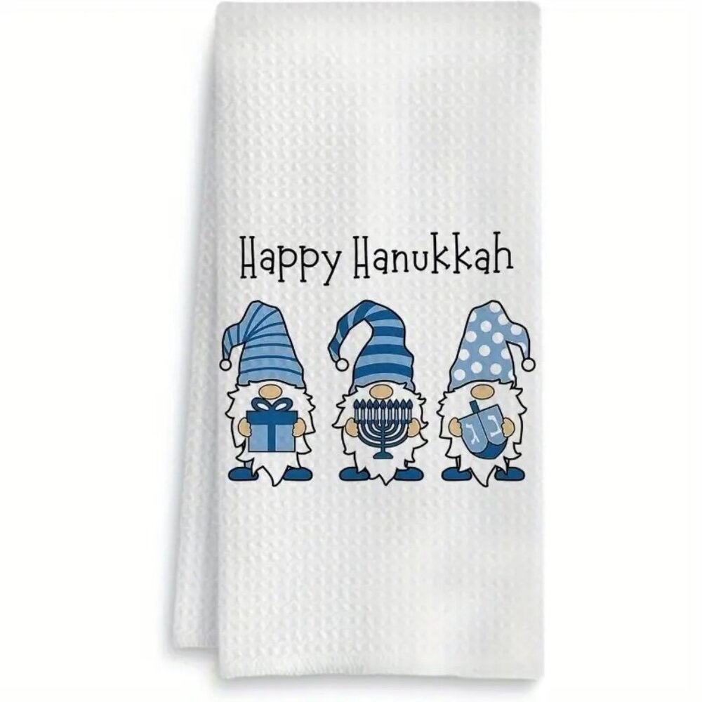 Happy Hanukkah Blue Gnomes Chanukah Menorah Kitchen Towel 18x26" Decor Gift - Picture 2 of 5